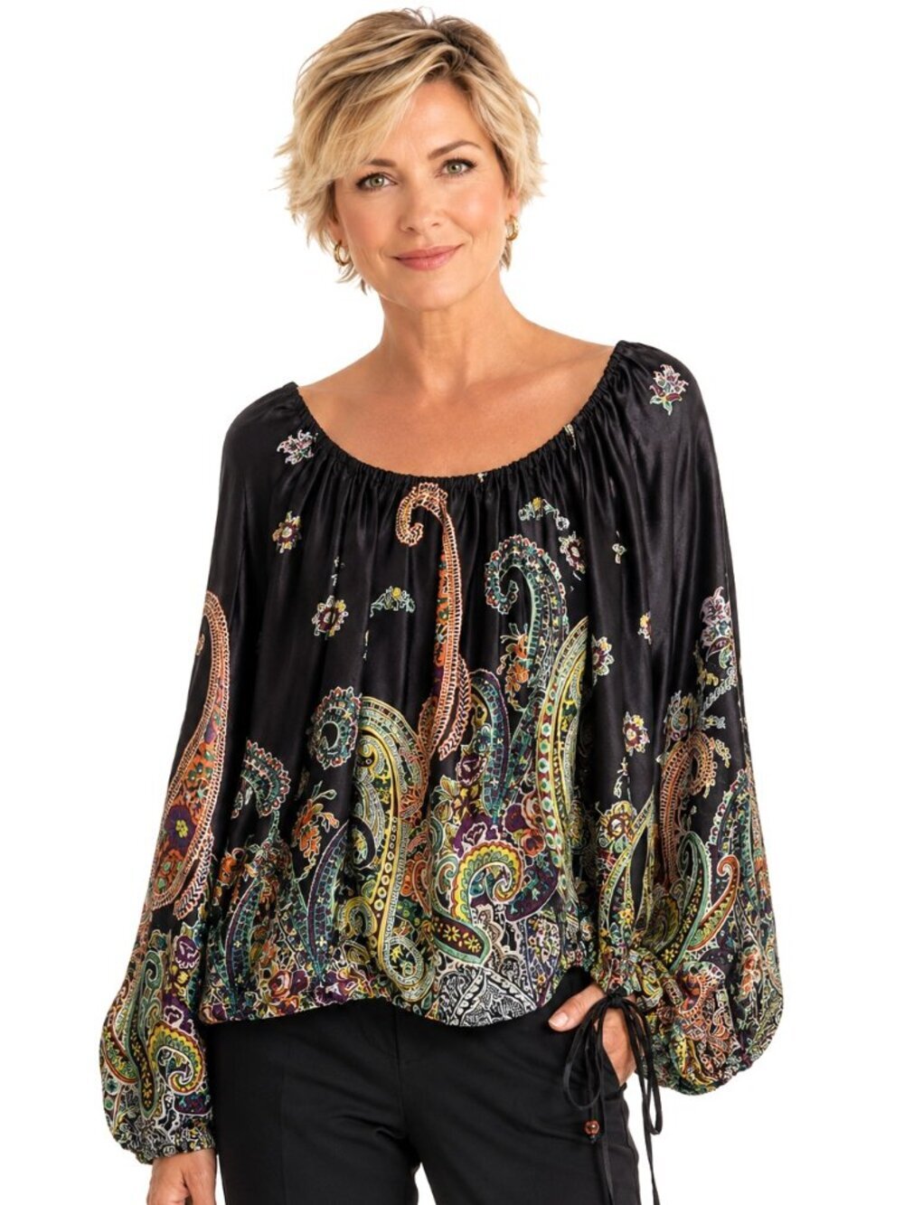 Karen Kane Black Multicolor Paisley Silk Boho Tunic Top